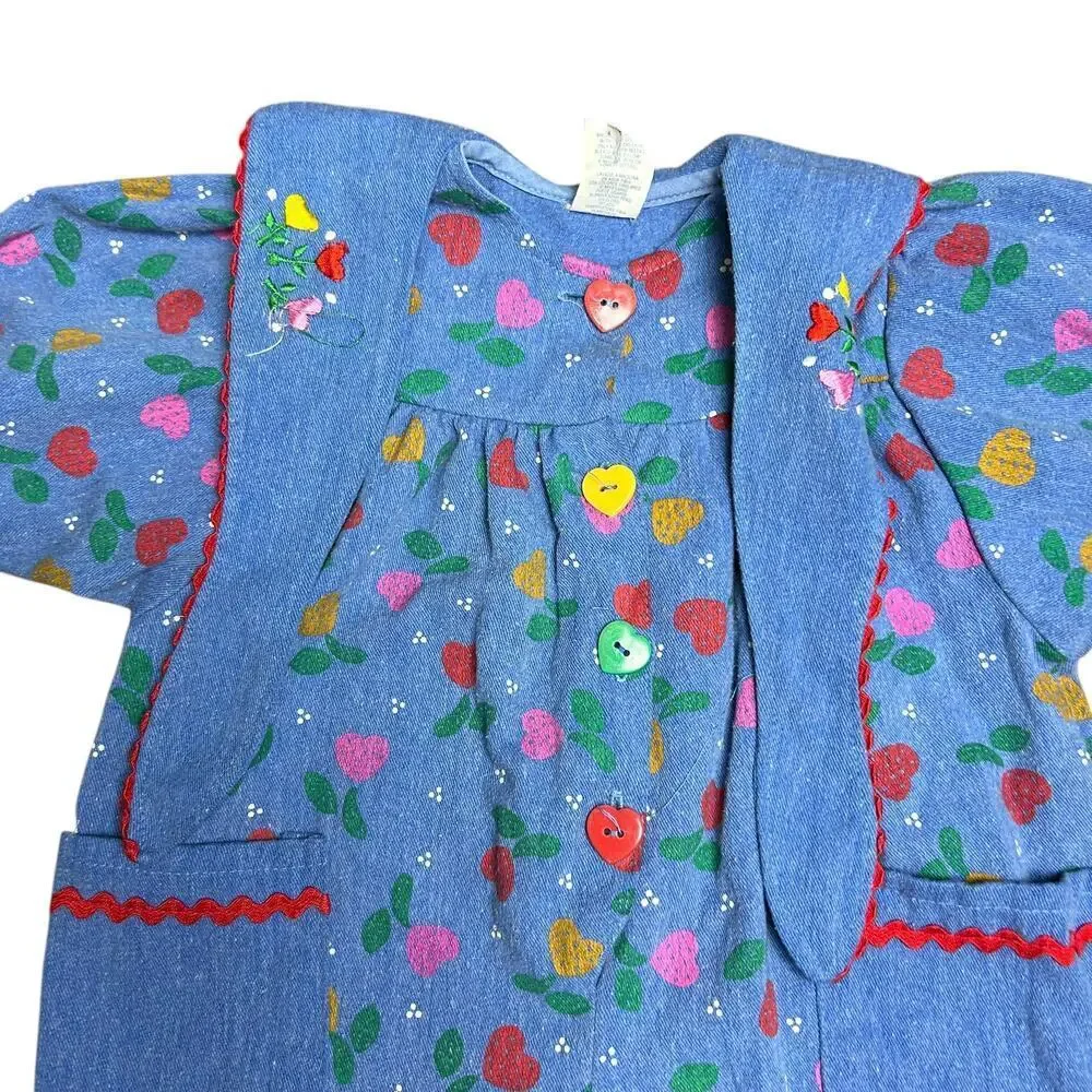 Vintage 90's Denim Jumpsuit Baby Romper All Over Print Floral Strawberry Heart